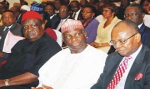 L-R: Chairman, Governing Council, University of Lagos, Prof. Jerry Gana, Chairman, Governing Council, University of Calabar, Chief Emmanuel Iwuanyanwu and Chairman, Governing Council, Federal University of Agriculture, Umudike, Prof. Anya O. Anya, at a retreat for Governing Councils of Nigerian Federal Universities in Abuja, last Tuesday