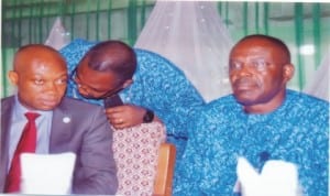 Attorney-Genaral and Commissioner for Justice, Barr Nworgu Boms (left) chatting with the Perm Sec and Solicitor-General,Ministry of Justice, Barr Rufus N. Godwins (middle) and Head of Service, Rivers State, Barr Samuel LongJohn at the Rivers State Civil Service Week/Awards day 2013 in Port Harcourt, recently