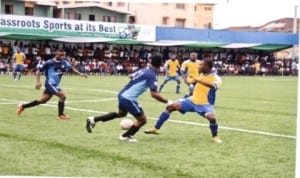 A midfield action during one of the matches of the maiden edition of Amaechi Cup in Port Harcourt Old Township at No1 field, last year.