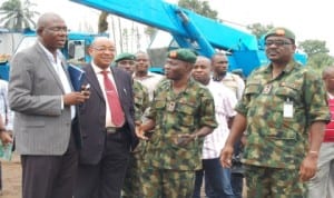 L-R: Port Harcourt Area  Deputy Manager, Pipeline and Product Marketing Company (PPMC), Mr Bola Odeniyi; Area Manager, PPMC, Mr Emmanuel Anam; Goc 82 Div. Enugu, Maj.-Gen. Adebayor Olaniyi and Commander, 2 Brigade, Port Harcourt, Brig.-Gen. Osasogie Uzamere, during inspection tour of JTF Operational Base at Gokana in Rivers State, on Wednesday.