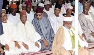 L-R:The Minister of FCT, Senator Bala Mohammed; Vice-President Namadi Sambo; National Security Adviser, Col. Sambo Dasuki; Chief of Defence Staff, Admiral Ola Ibrahim; IGP, Mohammed Abubakar and former Chief Justice of Nigeria, Justice Alfa Belgore, during the Eid-el-fitr prayer in Abuja , yesterday. Leading the prayer is the Chief Imam of National Mosque, Alhaji Musa Mohammed