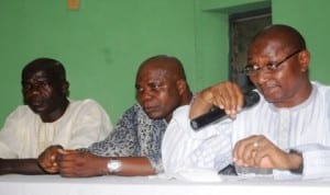 L-R: National Ex-officio member, Nigeria Union of Journalists, Alhaji Waheed Odusile; Deputy National President, Prince Rotimi Obamuwagun and President, Malam Garba Mohammed, briefing newsmen in Ibadan yesterday  on the endowment fund for the three members that died in an auto-crash.