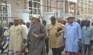 L-R: Alabo Ikpo Diri, HRM King Dandeson Douglas Jaja, Alabo Noble Diri, Alabo Charles Mac-Pepple, during the traditional rulers inspection of  Opubo Hotels in Opobo Town, last Saturday.