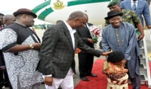 L-R:Deputy Governor of Rivers State, Engr Tele Ikuru, Governor Chibuike Amaechi,  welcoming President Goodluck Jonathan at the Port Harcourt International Airport, yesterday