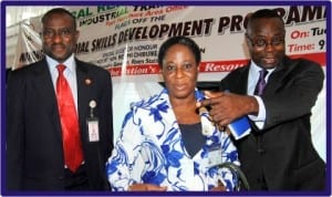 L-R: Area Manager, Industrial Training Fund, Mr Abdul-Rasaq Adenwan, Permanent Secretary, Rivers State Ministry of Employment Generation and Empowerment, Mrs Comfort Iragunima and Special Adviser to Rivers State Commissioner for Employment Generation and Empowerment,Mr Moses Harry, at the launch of National Industrial Skills Development in Port Harcourt, yesterday