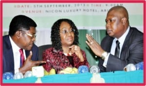 L-R:Deputy Chairman, House Committee on Constituency Projects, Rep. Pally Iriase, Permanent Secretary, Special Duties and Inter-Government Affairs, Mrs Winnifred Oyo-Ita and Minister of Special Duties and Inter-Government Affairs, Alhaji Kabiru Turaki, at a stakeholders forum on the Implementation of Zonal Intervention/Constituency Projects in Abuja, yesterday.