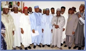 Rivers State Governor, Rt Hon Chibuike Amaechi (2nd right), with the G7 governors and Senate President, David Mark (5th left) in a group photograph, during  a  courtesy visit  at the Senate in Abuja, yesterday.