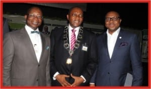 L-R: General Manager, Human Resources and Administration, RSSDA, Mr. Tonye Sukubo, President, Chartered Institute of Personnel Management (CIPM),  Mr. Victor Famuyibo and Executive Director/ CEO, RSSDA, Mr. Noble Pepple,  after the Agency received the 2013 CIPM HR Best Practice Award in Abuja, last Thursday. 