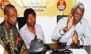 L-R: Parents of late Tekena, Mr Friday Elkanah, his wife, Faith and representative of late Ugonna Obuzor's father, Mr Anthony Egbuche, at a news  conference on the activities marking one year memorial of the four killed students of University of Port Harcourt in Port Harcourt, yesterday