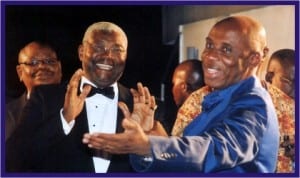Governor Chibuike Amaechi (right) and former minister, Alabo T.O Graham-Douglas, admiring proceedings at the just concluded 2013 International Fashion Week in Port Harcourt. Photo: Egberi Sampson