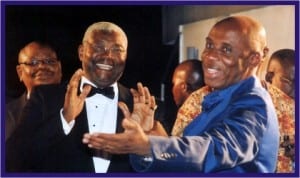 Governor Chibuike Amaechi (right) and  former minister, Alabo T.O Graham-Douglas, admiring proceedings at the just concluded 2013 International Fashion Week in Port Harcourt. Photo: Egberi Sampson