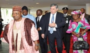 L-R: Vice President Namadi Sambo,  UN Secretary General 's Special Envoy  on  Global Education (UNSE), Mr Gordon Brown and  Minister of Finance, Dr Ngozi Okonjo-Iweala, at a conference on Accelerating Progress in Attainment of Education for All in Nigeria in Abuja, last Monday.