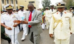 L-R: Chief of Defence Staff, Adm. Ola Ibrahim, Permanent Secretary, Ministry of Defence, Alhaji Aliyu Sumaila and Commandant, National Defence College (NDC), Rear Adm. Thomas Lokoson, at the inauguration ceremony of NDC Course 22 in Abuja, yesterday.