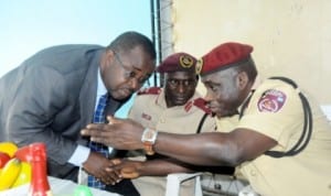 L-R: Representative of Rivers State Commissioner for Works, Mr Bateim Ogariawo; Representative of Zonal Commanding Officer Federal Road Safety Corps (FRSC), Mr Shehu Umar and Sector Commander, Rivers State, Mr Sunday Oghenekaro, at FRSC sensitization forum on speed limiting devices and other new services of the Corps in Port Harcourt , yesterday