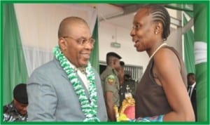 Acting Chief Judge of Rivers State, Justice Peter Agumagu (left) exchanging pleasantries with the state Education Commissioner, Dame Alice Lawrence -Nemi at the Nigeria’s 53rd Independence Anniversary celebration in Port Harcourt, last Tuesday