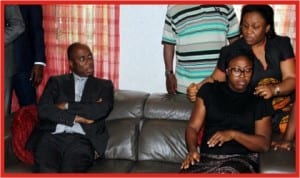 Rivers State Governor, Rt. Hon. Chibuike Rotimi Amaechi (left), with Mrs. Sotonye Harry, wife of the late former Speaker of Rivers State House of Assembly, Tonye Harry, during his condolence visit to the family in Port Harcourt, yesterday.