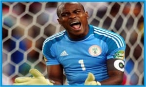 Super Eagles Goalkeeper, Vincent Enyeama, dishing out instructions to his defenders, during a recent match