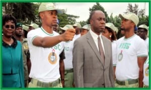 Rivers State Governor, Rt. Hon. Chibuike Rotimi Amaechi (middle) inspecting a guard of honour mounted by the Batch 'C' 2012 corps members, during their passing-out ceremony  in Port Harcourt, yesterday.