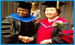 First Lady Dame Patience Jonathan (left), with the President, Hansei University, Prof. Sung-Hae Kim, during her conferment with Honorary Doctorate degree in Social Welfare and Administration at Hansei University, Seoul,  yesterday 