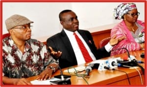 L-R:Members, National Prayer Breakfast, Rep. Sokonte Davies, Chairman, Publicity Committee, Senator Ita Enang and Senator Nenadi Usman, at the news conference on forthcoming National Prayer Breakfast in Abuja, yesterday 