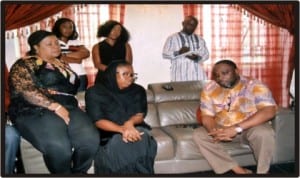 Mayor of Port Harcourt and Chairman, ALGON, Rivets State, Hon Chimbiko Akarolo (left) during a  condolence visit yesterday by ALGON to Mrs Sotonye Harry (middle) wife of Late Tonye Harry. With Akarolo is the Chairman of Ogu-Bolo Local Government Area, Hon Maureen Tamuno. 