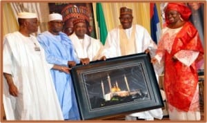 L-R: Permanent Secretary, Ministry of the Federal Capital Territory, Mr John Chukwu; another personality; Vice-President Namadi Sambo, President Goodluck Jonathan and Minister of State for FCT, Oloye Olajumoke Akinjide, during Eid-el-Kabir Homage to the President in Abuja, yesterday