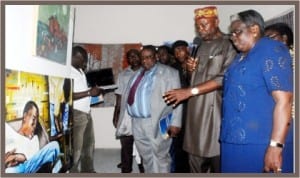 L-R: Director, Rivers Arts and Culture Council, Mr Deede Baede; Chairman, Rivers Indigenous Visual Artists, Mr Patrick Jumbo and Permanent Secretary, Rivers State Ministry of Culture and Tourism, Mrs Grace Akpughunum-Okwulehie, at the Rivers Indigenous Visual Artists Exhibition In Port Harcourt, yesterday