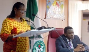 Under-secretary, Economic and Consular, Ministry of Foreign Affairs, Amb. Asalina Mamuno (L), with chairman, Nigeria-Cameroon Trans-border Security Committee, Retired Maj.-gen. Babatunde Samuel, during presentation of report by the committee in Abuja, recently.