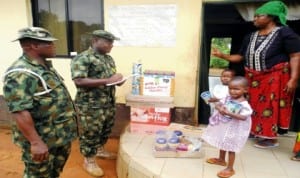 Men and Officers of 302 Artillery Regiment, Onitsha in Anambra State donating gift items and undisclosed amount of cash to motherless babies home in Otuocha, Anambra East LGA, recently. Photo: NAN