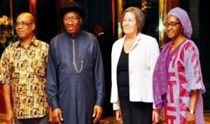 L-R: Chairman, Nigerian Extractive Industries Transparency Initiative (Neiti), Mr Ledum Mitee; President Goodluck Jonathan; International Chairman, Neiti, Mrs Clare Short and Executive Secretary, Neiti,  Hajiya Zainab Ahmed, during their visit to the President in Abuja on Monday      Photo: NAN