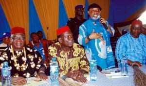 L-R: Ace comedian, Chief Chika Okpala, treasurer, Anambra State People's Assembly (ASPA) Enugu Chapter, Chief Julius Olisa and APC Anambra governorship candidate, Senator Chris Ngige, during Ngige's meeting with members of ASPA in Enugu, yesterday.