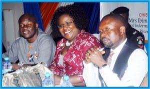 L-R: Chief of Staff, Rivers State Government House, Mr Tony  Okocha, Commissioner for Information and Communications, Mrs Ibim Semenitari and Commissioner for Local Government Affairs, Mr Samuel Eyiba, at a public presentation of the book titled "Eminent Persons of Rivers State" written by Rivers State Newspaper Corporation in Port Harcourt, yesterday.