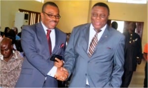 General Manager, Rivers State Newspaper Corporation, Mr Celestine Ogolo (left), welcoming Prof. Winston Bellgam to the event.