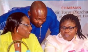Sole Administrator, Greater Port Harcourt City Development Authority, Dame Aleruchi Cookey-Gam (left), conferring with Commissioner for Agriculture, Hon. Emmanuel Chindah. With them is Women Affairs Commissioner, Mrs Joeba West.