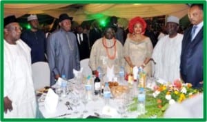 L-R: PDP National Chairman, Alhaji Bamanga Tukur, President Goodluck Jonathan, Founder, Edwin Kiagbodo Clark Foundation, Chief Edwin Clark, his wife, Bisola, former Head of State, Gen. Yakubu Gowon and the keynote Speaker/President, Rainbow Push Coalition, Rev. Jesse Jackson, at the launch of the Edwin Kiagbodo Clark Foundation in Abuja last Monday.