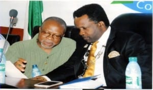 President, PHCCIMA, Engr Emeka Unachukwu (right) conferring with 1st Deputy President, PHCCIMA, Dr Renny Cookey, during a membership induction in Port Harcourt, recently.