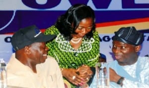  L-R: Governor Adams Oshiomhole of Edo State, wife of the Governor of Benue State, Mrs Yemisi Suswan and  Governor Babatunde Fashola of Lagos State, at the Conference of Committee of Wives of Lagos State Officials (Cowlso) in Lagos,  yesterday Photo: NAN