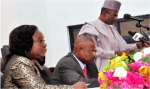 L-R:Permanent Secretary, Ministry of Information, Dr Folashade Esan; Minister, Mr Labaran Maku and acting Managing Director, News Agency of Nigeria (NAN), Otunba Jide Adebayo, at the Minister of Information's monthly world news conference in Abuja yesterday