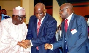 L-R: Minister of Transport, Senator Idris Umar; Permanent Secretary, Mr Nebolisa Emordi and Managing Director, Nigerian Railway Corporation (nrc), Mr Oluseyi Sijuade, at the nrc's public private partnership stakeholders' workshop in Abuja, yesterday. Photo: NAN