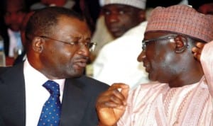 Former Minister of State for fct, Senator Solomon Ewuga (left), with the Minister of Transport, Senator  Idris Umar, at the nrc's public private partnership stakeholders' workshop in Abuja last Tuesday.           Photo: NAN