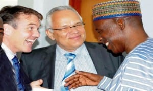 L-R: Managing Director, Enertek, Mr Mathias Hiebi, Technical Director, Mr Manfred Haase and representative of Adamawa State Government, Alhaji Ali Dandiyya, at the renewable energy and efficient energy projects stakeholders' meeting in Abuja last Monday.