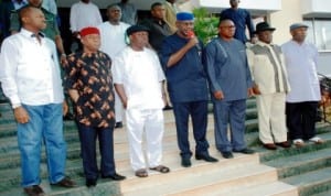 L-R: Governors Sullivan Chime of Enugu State, Theodore Orji of Abia, Emmanuel Uduaghan of Delta State, Liyel Imoke of Cross River State, Peter Obi of Anambra State, Deputies John Gboribiogha of Bayelsa and David Umahi of Ebonyi, at the South-East South-South, Governors meeting in Enugu, recently.