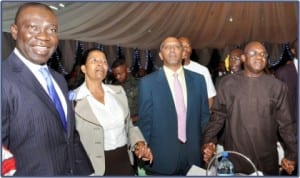 L-R:deputy Senate President, Ike Ekweremadu, wife of the former Prime Minister of Ethiopia, Mrs Admassu, her husband, Dr Tamrat Admassu, Senate President, David Mark and Deputy Speaker, House of Representatives, Emeka Ihedioha, praying at the 4th National Prayer Breakfast in Abuja, yesterday.