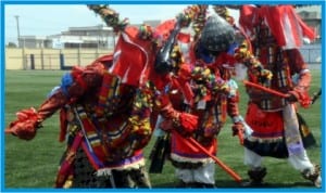Masquerades performing during the cultural display by ethnic groups, as part of events to commemorate the 100 years of Port Harcourt City, at the Sharks Stadium, Port Harcourt, last Saturday.