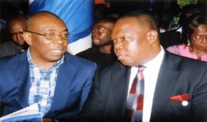 Special Adviser to the Rivers State Governor on ICT. Engr Goodliffe Nmekini (right), chatting with his counterpart on Statistics/Strategic Planning, Hon Okey Okirie, during the public presentation of the Book, The Eminent Persons of Rivers State, published by RSNC in Port Harcourt, recently. Photo: Egberi. A. Sampson