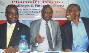 L-R: Chairman of the Occasion, Mr Adesanmi Popoola, Guest  Speaker, Dr Lolu Ojo and Chairman, Pharmaceutical Society of Nigeria, Oyo State Chapter, Mr Lekan Fashesin, at a business summit on entrepreneurship and pharmacy practice in Ibadan last  Thursday. Photo: NAN