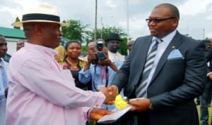  Deputy Governor of Bayelsa State, Rear Adm. Jonah Gboribiogha (left), receiving security car keys from  MTN Foundation acting Senior Manager, Sales Eastern  Zone, Mr  Onamari Horsfall,  in Yenagoa,   last Monday .