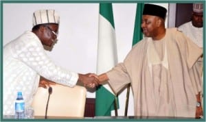 Vice-President Namadi Sambo (right), in a handshake with Minister of State for Trade and Investment, Mr Sam Ortom, at a preparatory meeting to strategise on the scheduled handover of PHCN successor companies at the Presidential Villa in Abuja last Wednesday