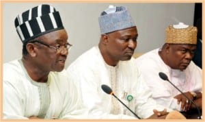 L-R:Minister of State for Trade and Investment, Mr Sam Ortom, Director-General, Bureau of Public Enterprises, Benjamin Dikki and Senior Special Assistant to the Vice-President on Media, Umar Sani, during a news conference after a meeting of the National Council on Privatisation at the Presidential Villa in Abuja, yesterday