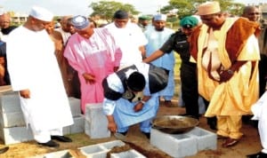 Vice President Namadi Sambo (middle), laying the foundation stone for International Institute of Journalism in Abuja, yesterday.  With him are National President, Nigerian Union of Journalist,  Malam Mohammed Garba, Minister of Information, Mr Labaran Maku, NUJ Deputy President, Mr Rotimi Obamuwagun and Chairman, Building Committee and Board of Trustees, Otunba Olusegun Runsewe